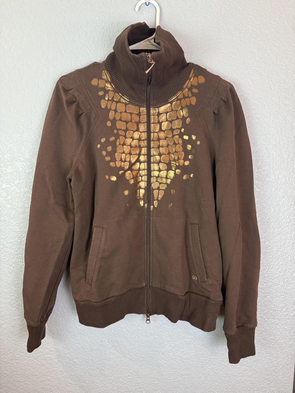 Escada Sport Jacket Womens Medium Brown Gold Zip Up Metallic Print Funnel Neck